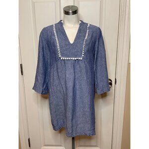 Boden Blue Chambray Denim Pom-Pom Bib Tunic Top, Size 8P
